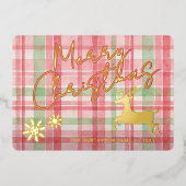 上品なトナカイをピンクレッドライトグリーンプレイド金ゴールド 箔シーズンカード (正面)