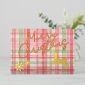 上品なトナカイをピンクレッドライトグリーンプレイド金ゴールド 箔シーズンカード (立ち正面)