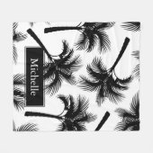 上品なトロピカルブラックパームツリーズ&名前 フリースブランケット (正面(横))