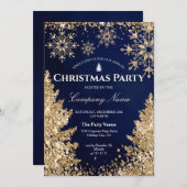 上品なネイビーゴールドグリッター企業クリスマスパーティー 招待状 (正面/裏面)