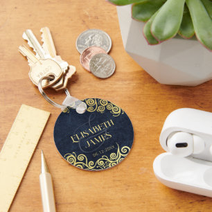 上品なネイビーブルーと金ゴールドボーホスワーズ結婚ズ キーホルダー