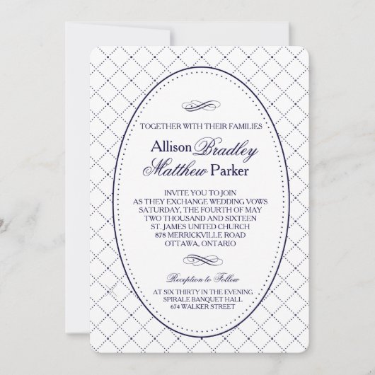 上品なネイビーブルーのチェック柄結婚式招待状 招待状 (正面)