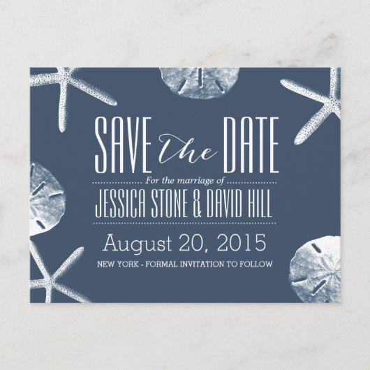 上品なネイビーブルービーチテーマ結婚式の日付を保存 案内ポストカード (正面)