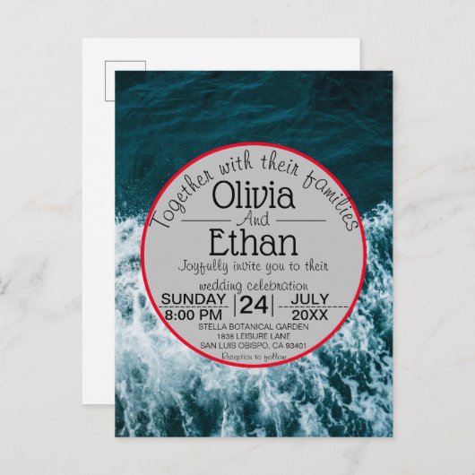 上品なネイビーブルー沿岸ビーチ招待状はがき インビテーションポストカード (正面/裏面)