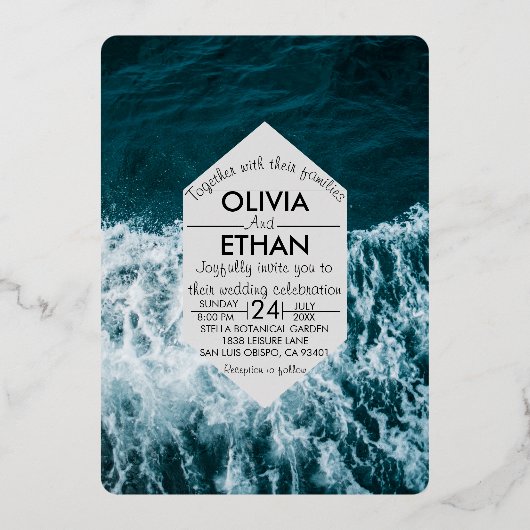 上品なネイビーブルー沿岸結婚のフォイル招待状 箔招待状 (正面)