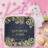 上品なネイビーブルー金ゴールドスワーズ結婚ズの洗練 ペーパープレート (パーティー)