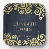 上品なネイビーブルー金ゴールドスワーズ結婚ズの洗練 ペーパープレート (正面)
