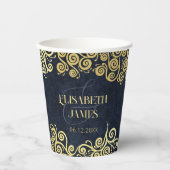 上品なネイビーブルー金ゴールドスワーズ結婚ズの洗練 紙コップ (正面)