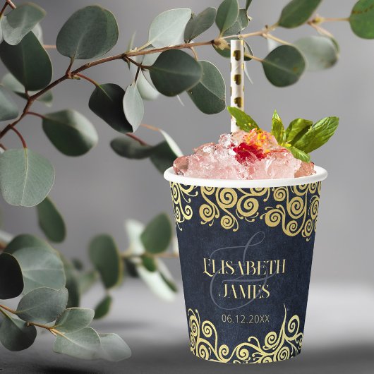 上品なネイビーブルー金ゴールドスワーズ結婚ズの洗練 紙コップ