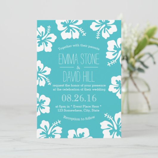 上品なハイビスカスフラワーズ結婚ターコイズ 招待状 (スタンド正面)