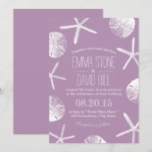 上品なバイオレットのヒトデとサンド・ダラー ビーチウェディング 招待状 (正面/裏面)