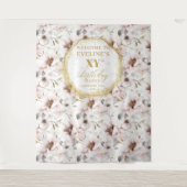 上品なバラの花のインテリア　アイボリーとゴールドの誕生日フォトブース タペストリー (正面)