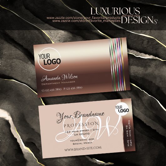 上品なバラゴールデンカラフルストライプ追加ロゴノーブル 名刺