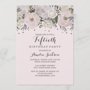 上品なバラ色のシルバー花柄 50歳誕生日 招待状