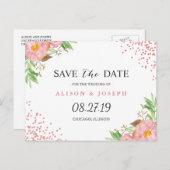 上品なバラ金ゴールドドットフローラ結婚式の日付を保存 案内ポストカード (正面/裏面)