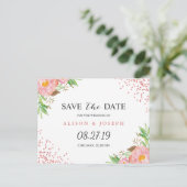 上品なバラ金ゴールドドットフローラ結婚式の日付を保存 案内ポストカード (スタンド正面)