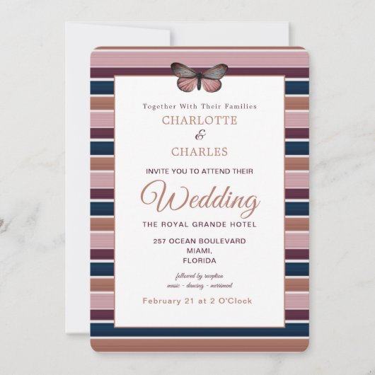 上品なバラ金ゴールドネイビープラムストライプの模様 招待状 (正面)