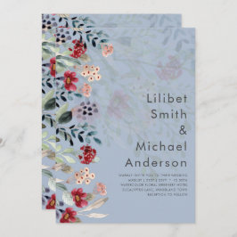 上品なバーガンディブルーの野生の花のウェディングエレガント 招待状