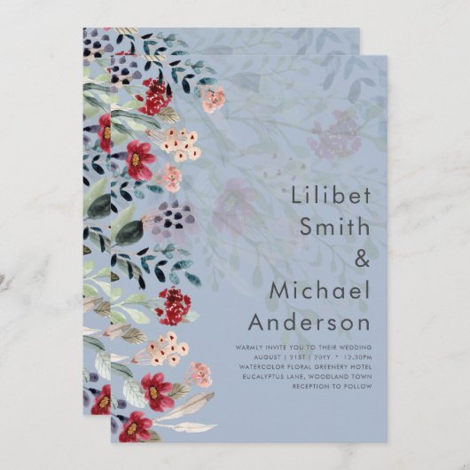 上品なバーガンディブルーの野生の花のウェディングエレガント 招待状 (正面/裏面)