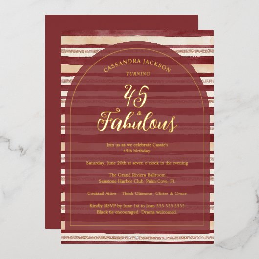 上品なバーボンディーのグラマラスなストライプがきらきら輝く誕生日 箔招待状 (正面/裏面)