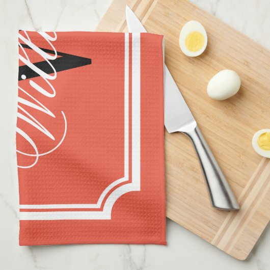 上品なパーソナライズされたモノグラムのオレンジ色のキッチンタオル キッチンタオル (四つ折り)