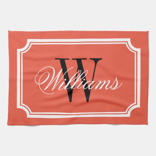 上品なパーソナライズされたモノグラムのオレンジ色のキッチンタオル キッチンタオル (横)