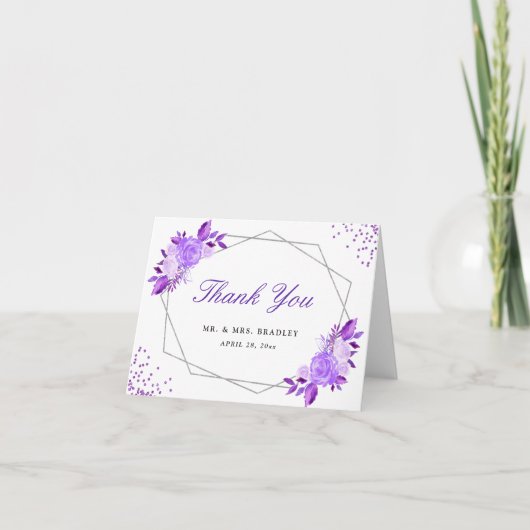 上品なパープルシルバーフレームフローラありがとう サンキューカード (正面)