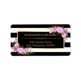 上品なパープル フラワー ゴールド ブラック ホワイト ストライプ ラベル