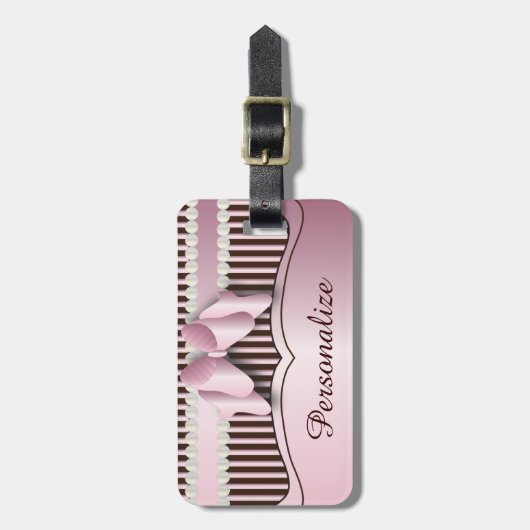 上品なピンクおよびブラウンのストライプのなデザイン ラゲッジタグ (正面縦)