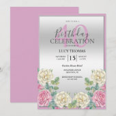 上品なピンクと白の花の装飾付き誕生日 招待状 (正面/裏面)