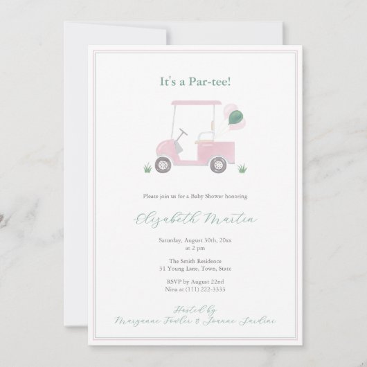 上品なピンクと緑のゴルフカート赤ちゃんガールシャワー 招待状 (正面)