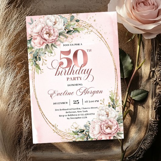 上品なピンクの水彩画 50歳の誕生日招待状 招待状