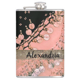 上品なピンクの珊瑚と黒のジプシーのスカーフ フラスク