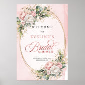 上品なピンクの花とグリーンにゴールドのウェルカム装飾 ポスター (正面)