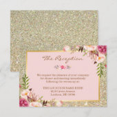 上品なピンクの花とゴールドのグリッターが輝く結婚式の披露宴 エンクロージャーカード (正面/裏面)