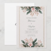 上品なピンクの花とゴールドフレームの結婚式 招待状 (正面/裏面)