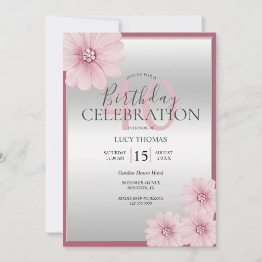 上品なピンクフラワーデコレーション誕生日 招待状 (正面)
