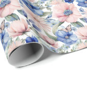 上品なピンク&ブルーフラワーバンチ ラッピングペーパー (ロールコーナー)