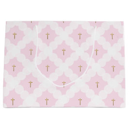 上品なピンク ホワイトゴールドのクロスパターン 洗礼 ラージペーパーバッグ