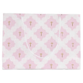 上品なピンク ホワイトゴールドのクロスパターン 洗礼 ラージペーパーバッグ (裏面)