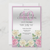 上品なピンク&ホワイトフラワーデコレーション誕生日 招待状 (正面)