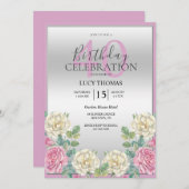上品なピンク&ホワイトフラワーデコレーション誕生日 招待状 (正面/裏面)