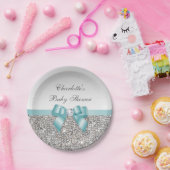 上品なフェイクティール（緑がかった色）ボウシルバーシークインベビーシャワー ペーパープレート (パーティー)