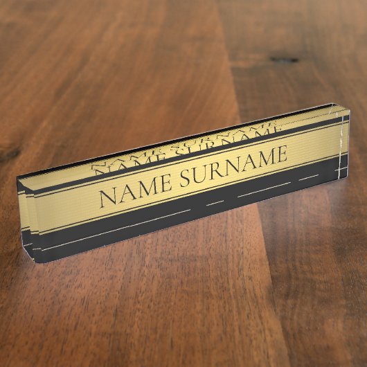 上品なフェイク金ゴールドストライプと黒の背景またはDIY デスクネームプレート (側面)