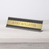 上品なフェイク金ゴールドストライプと黒の背景またはDIY デスクネームプレート (正面)