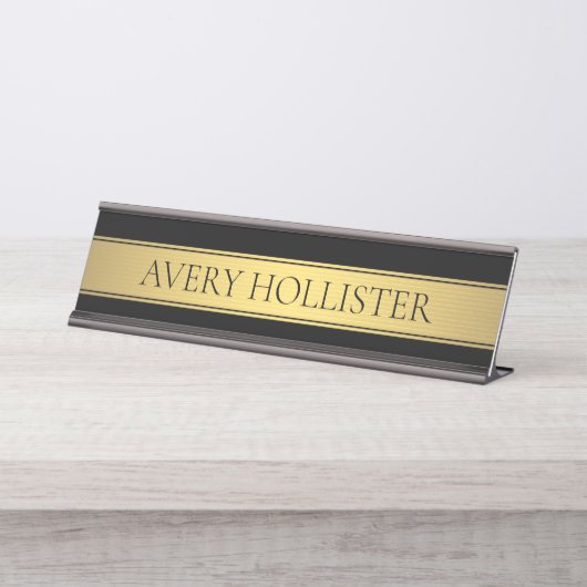 上品なフェイク金ゴールドストライプと黒の背景またはDIY デスクネームプレート (正面)