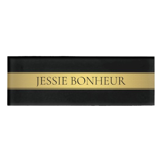 上品なフェイク金ゴールドストライプと黒の背景またはDIY 名札 (正面)