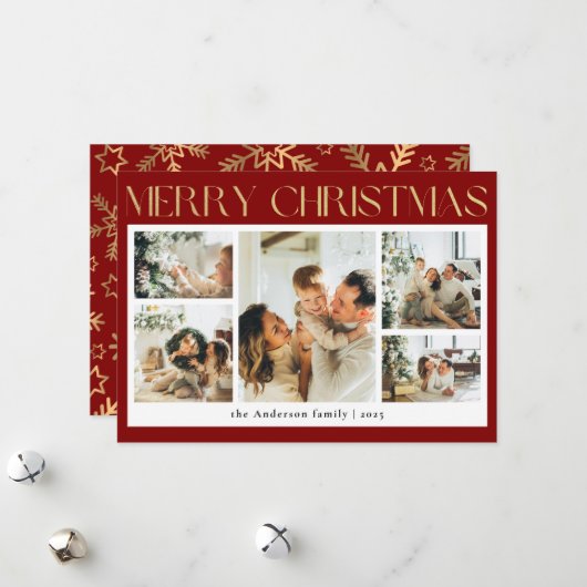 上品なフォトコラージュ金ゴールド雪の結晶クリスマス シーズンカード (正面/裏面インサイチュ)