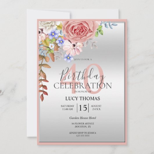 上品なフラワーコーナー装飾誕生日 招待状 (正面)