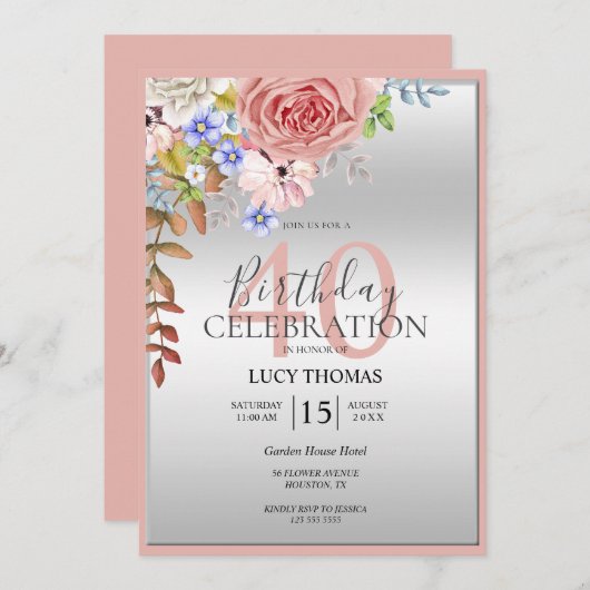 上品なフラワーコーナー装飾誕生日 招待状 (正面/裏面)